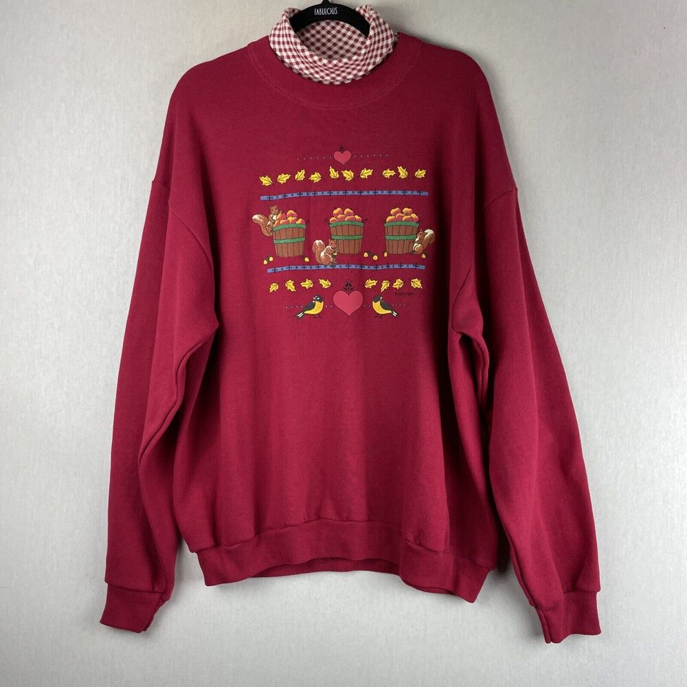Vintage Sweatshirt Womens XL Red Fall Squirrels Apple Picking Autumn Grandmacore